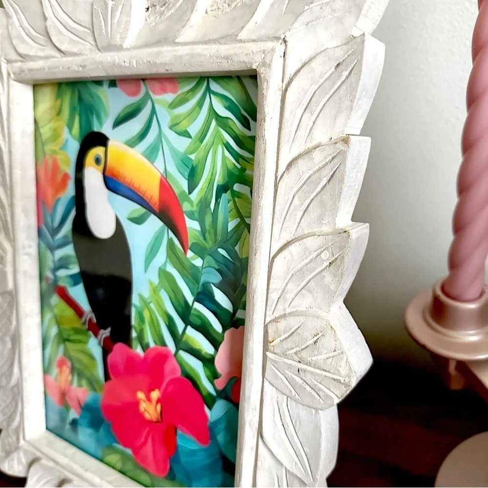 Toucan Canvas Art Print Wood Carved Leaf Frame Jungle Tropical Wall Art Floral